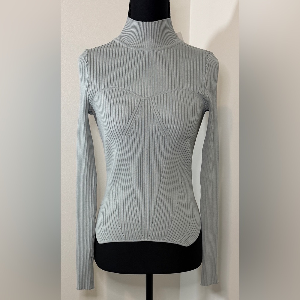 Zara Womens Ribbed Corset Mock Neck Knit Sweater Sage Blue Grey‎ Size M 2142/157